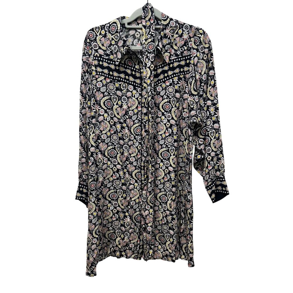 Boden black white yellow Floral Button-Down Long-Sleeve Shirt Dress 12R